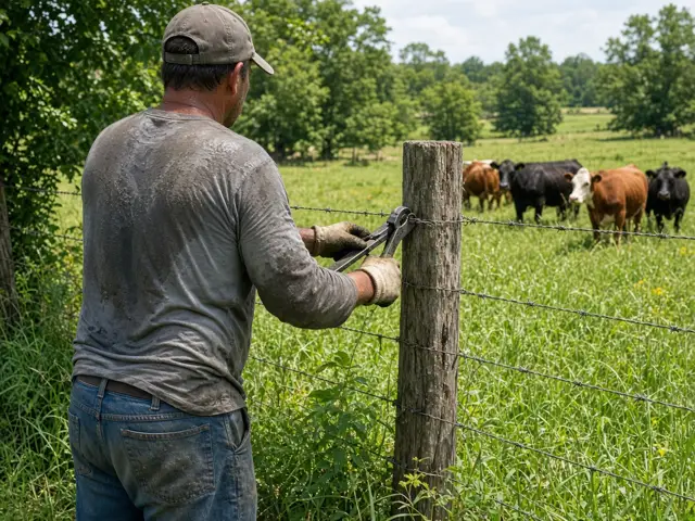 Barbed wire fence along a cattle pasture (stock image)